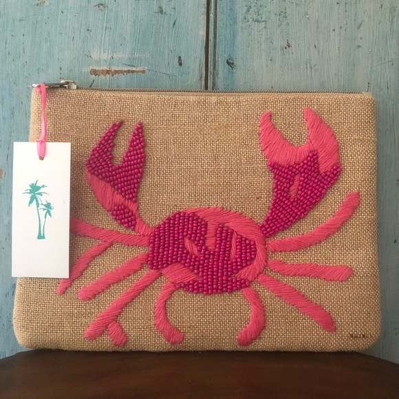Beaded 2-tone pink crab on tan-colored linen-like fabric clutch bag by Spartina - Picture 3 of 11
